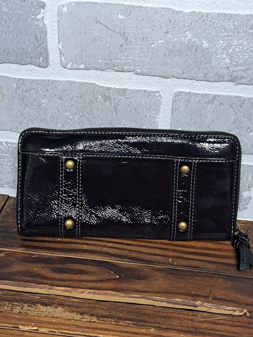 Coach Black Patent Leather Zip Wallet with Brass Buckle Accents - Picture 4 of 8